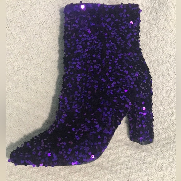 NWT Purple Sequin Pointed Toe Chunky Heel Ankle Boots - Picture 2 of 8